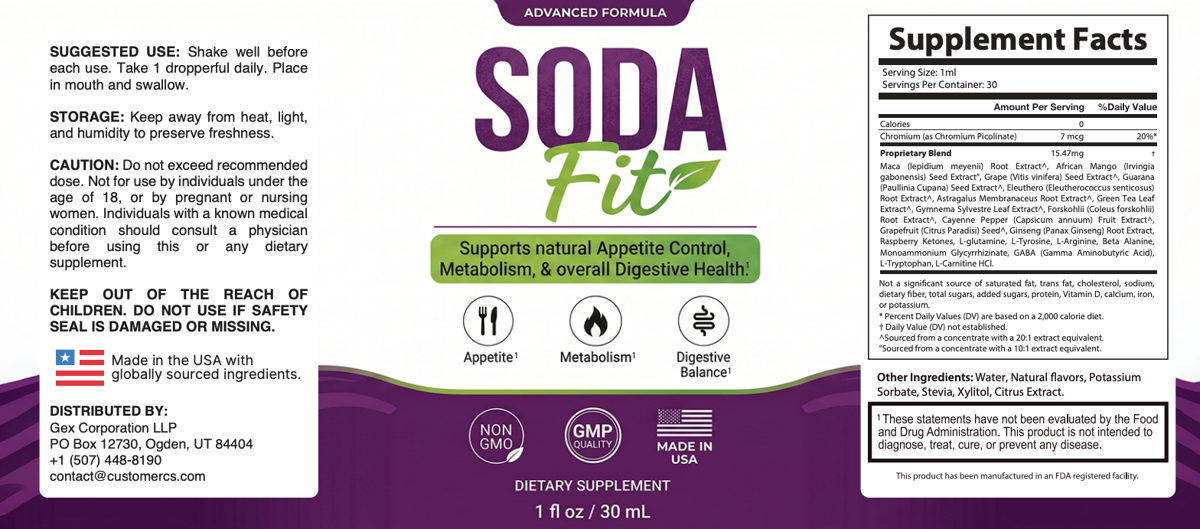 The SodaFit label and Supplement Facts panel as printed